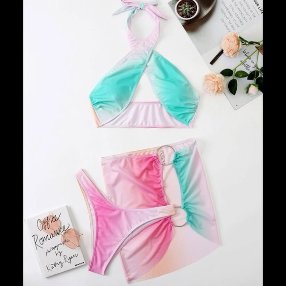 Ombre Ring Linked Bikini Swimsuit With Beach Skirt💛💖 - Picture 3 of 7